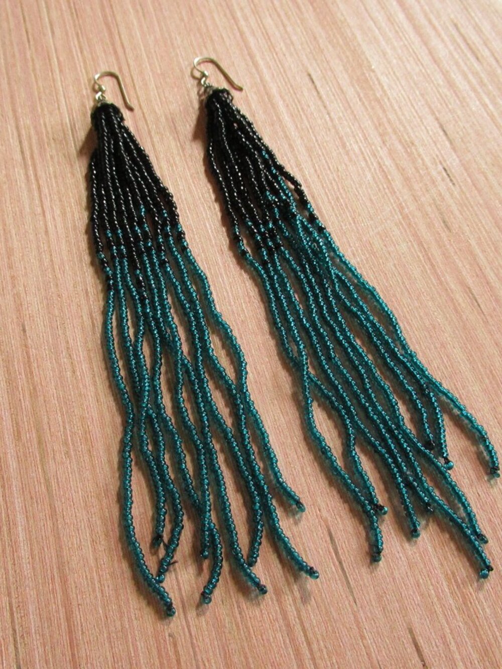Handmade Ombre Black & Turquoise Beaded Fringe Earrings